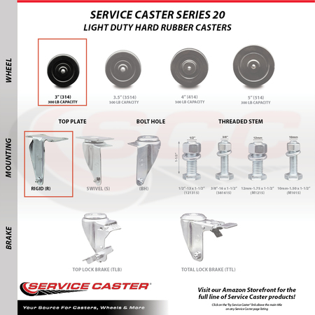 Service Caster 3 Inch Hard Rubber Wheel Swivel Top Plate Caster Set with 2 Brake 2 Rigid SCC SCC-20S314-HRS-TLB-TP3-2-R-2